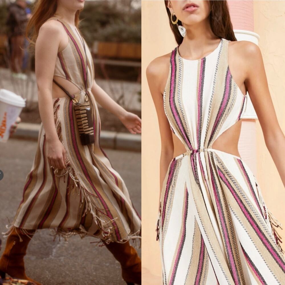 Ulla Johnson Caterina Maxi Dress Cream Linen Striped Cut Out Fringe Boho Size 6 - Picture 2 of 16